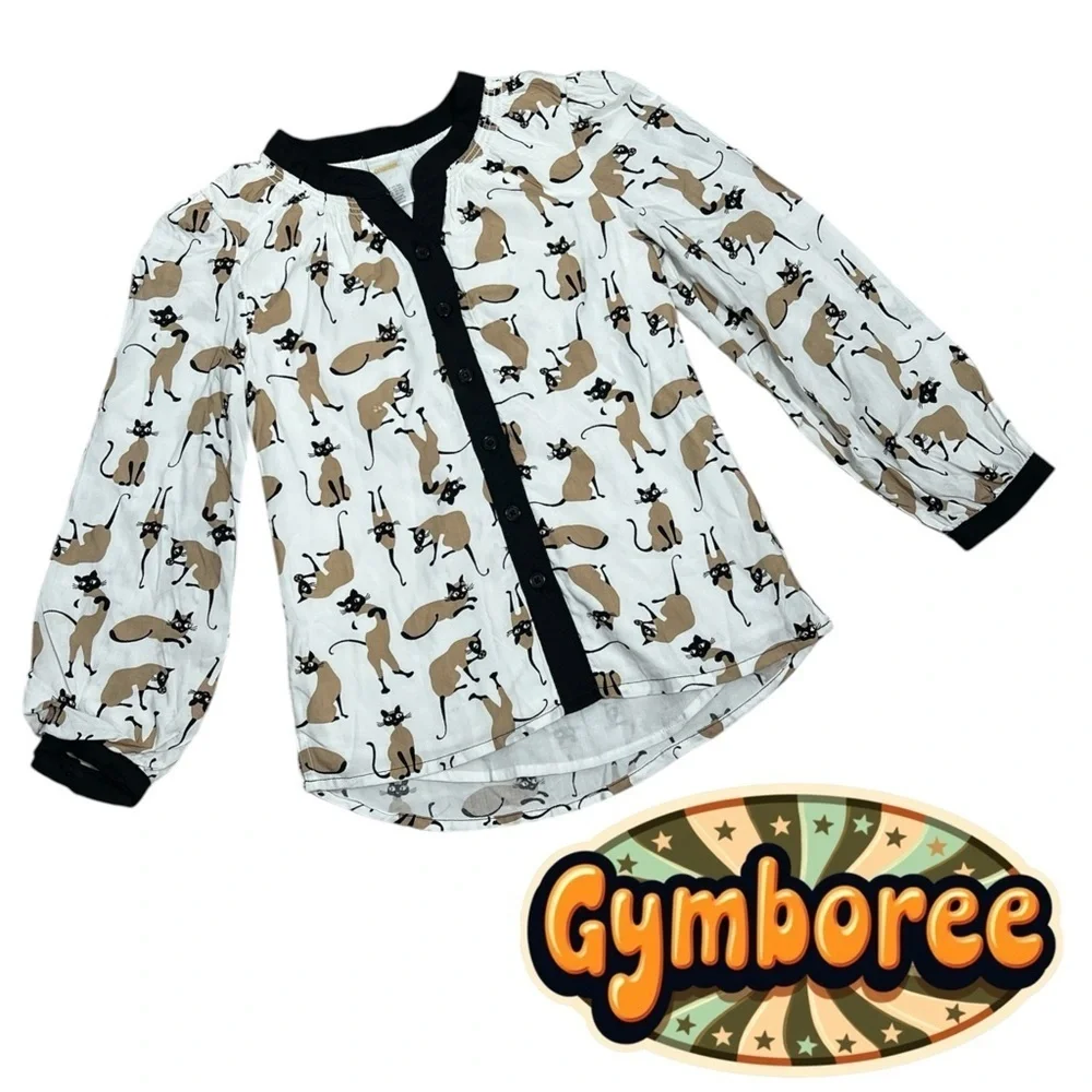 Gymboree Retro Cat Print Button Down Blouse Girls Size 7 NWT White Black Tan